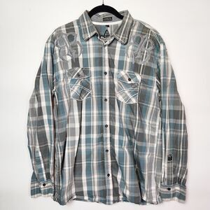 Roar Shirt Mens XL Blue Plaid Embroided Button Down Collared Preppy Western Wear